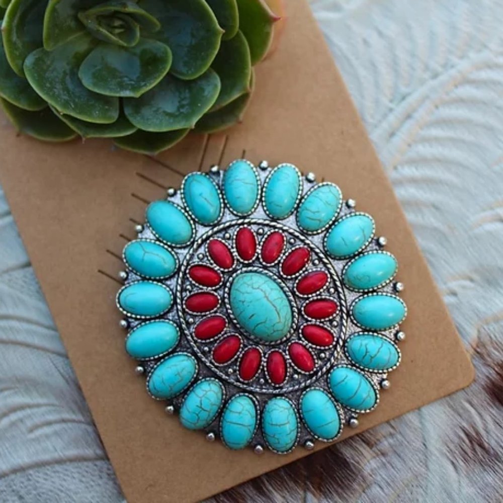 Faux turquoise and red pin
